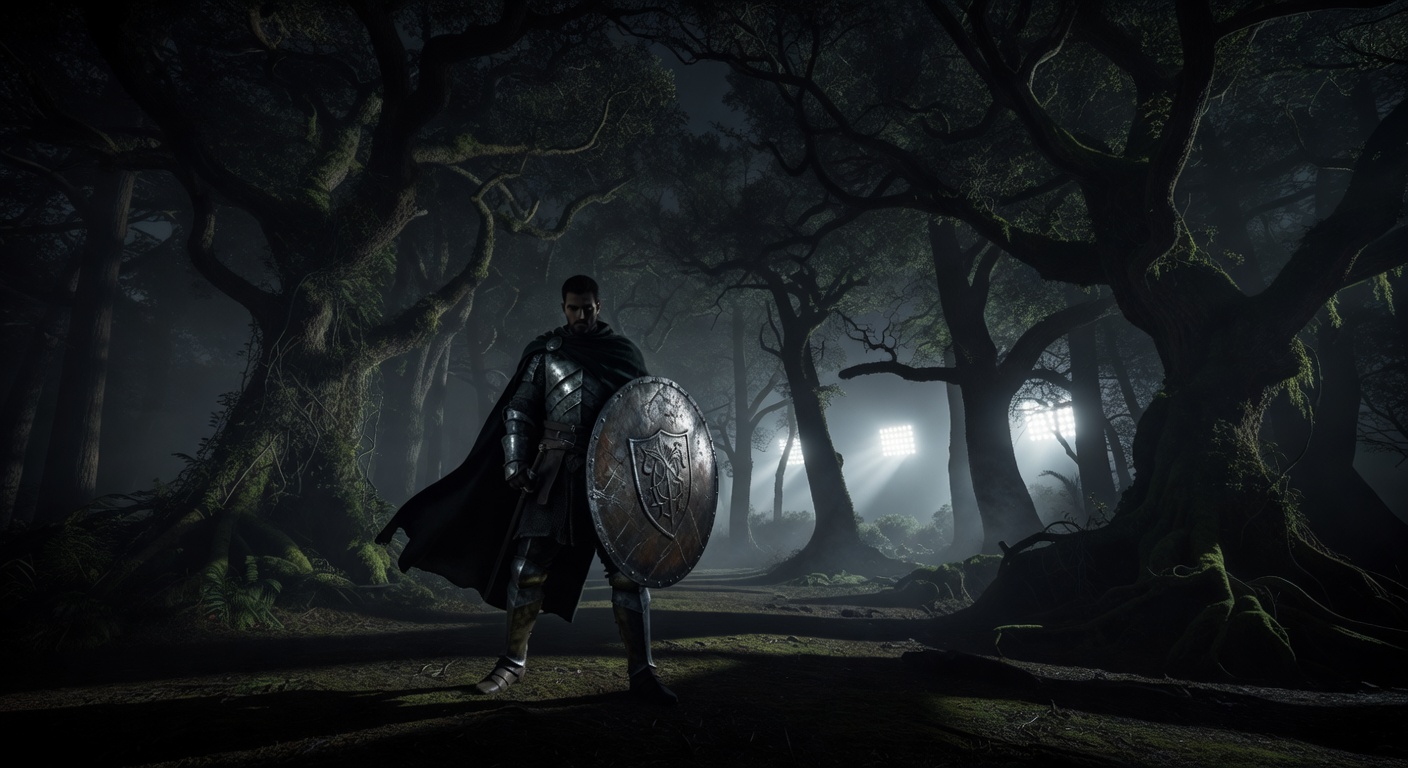 Dark forest and stadium lights background